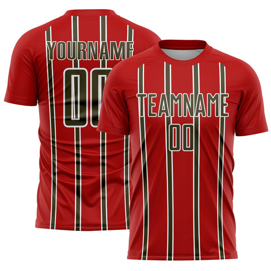 Custom Red Olive-White Stripe Line Sublimation Soccer Uniform Jersey - Main View