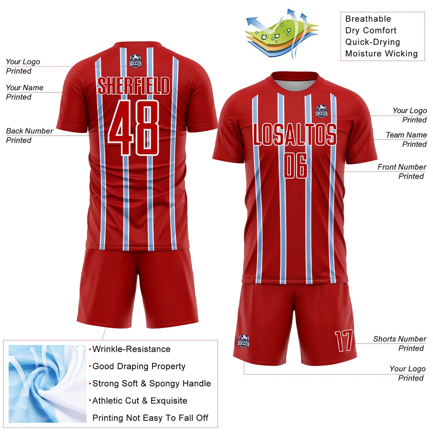 Custom Red Light Blue-White Stripe Line Sublimation Soccer Uniform Jersey view 4