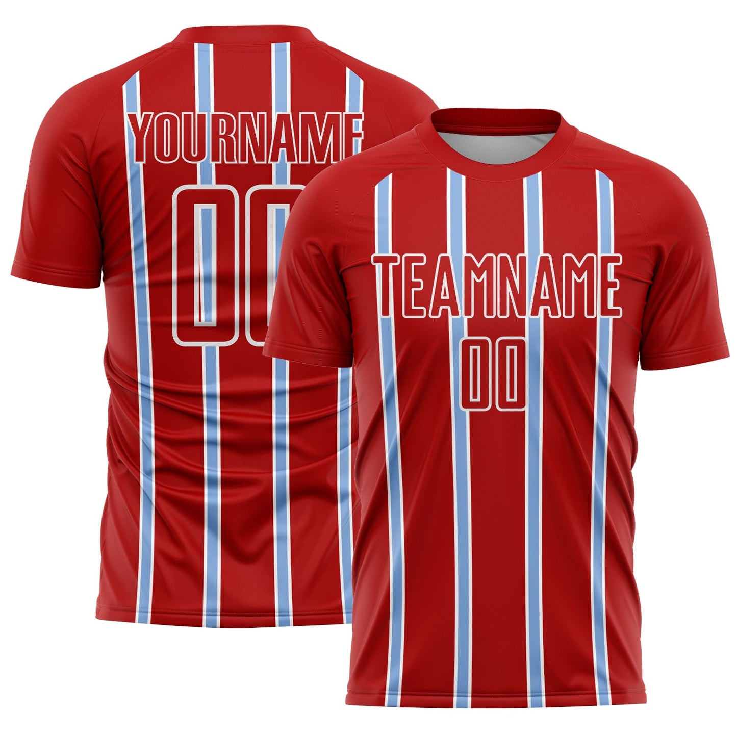 Custom Red Light Blue-White Stripe Line Sublimation Soccer Uniform Jersey - Main View