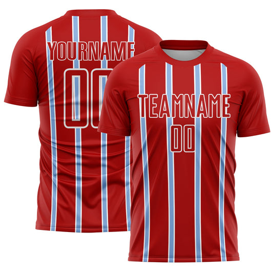 Custom Red Light Blue-White Stripe Line Sublimation Soccer Uniform Jersey - Main View
