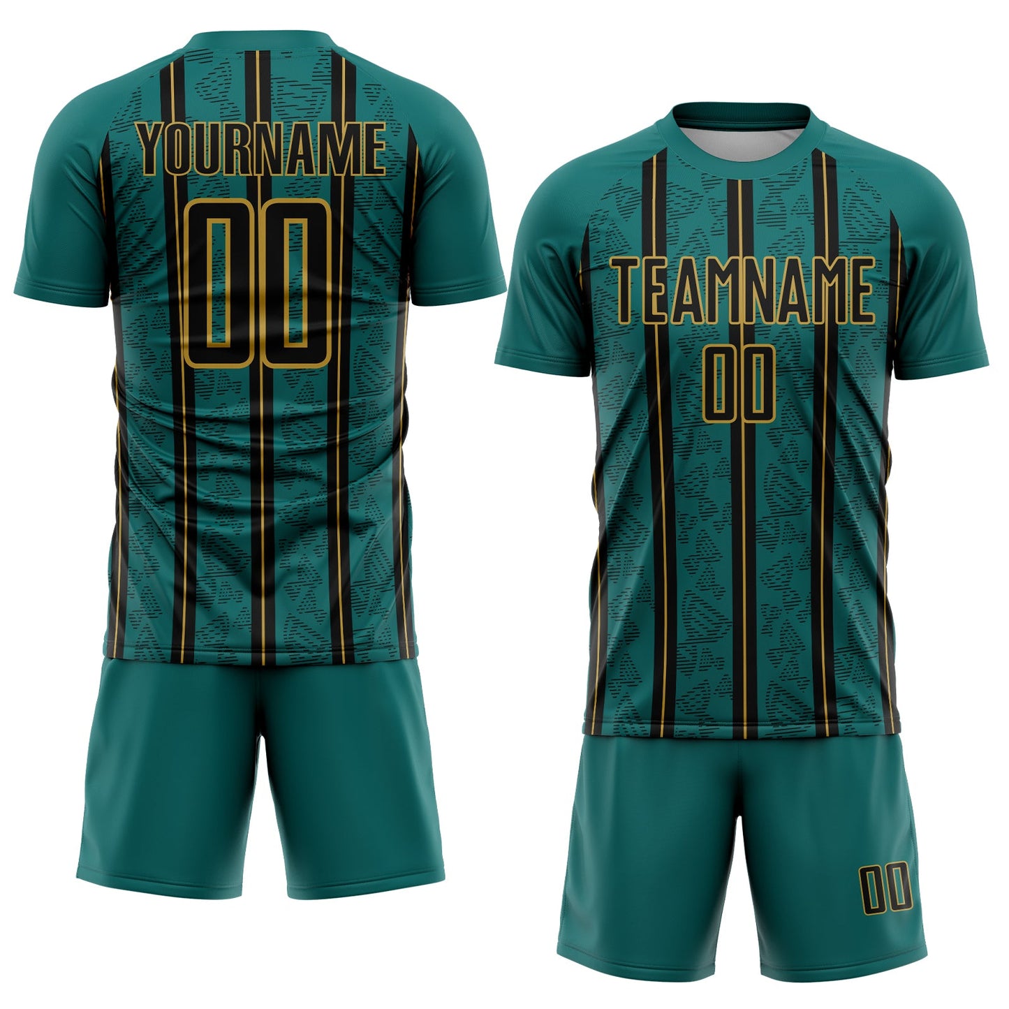 Custom Teal Black-Old Gold Stripe Line Sublimation Soccer Uniform Jersey view 2