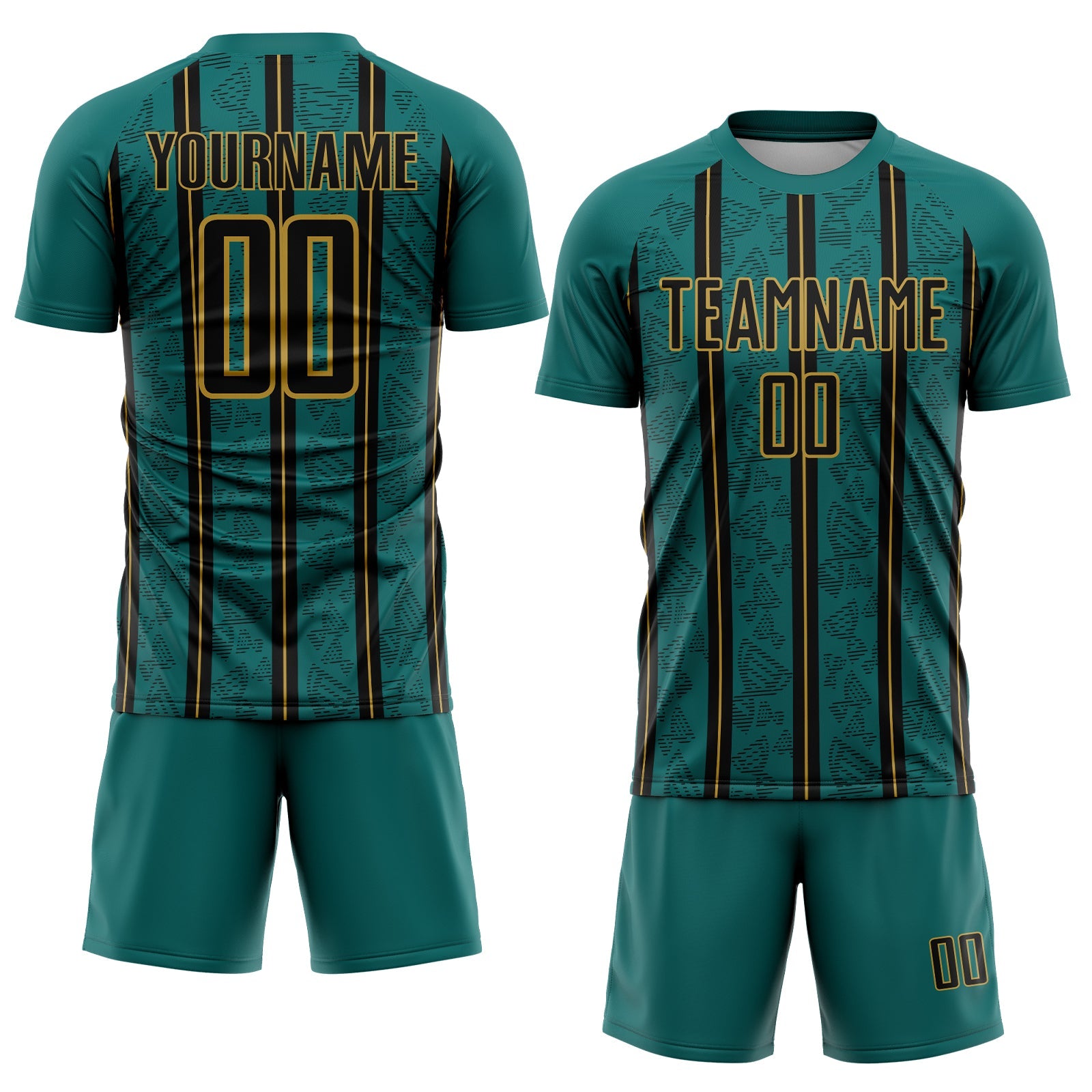 Custom Teal Black-Old Gold Stripe Line Sublimation Soccer Uniform Jersey view 2