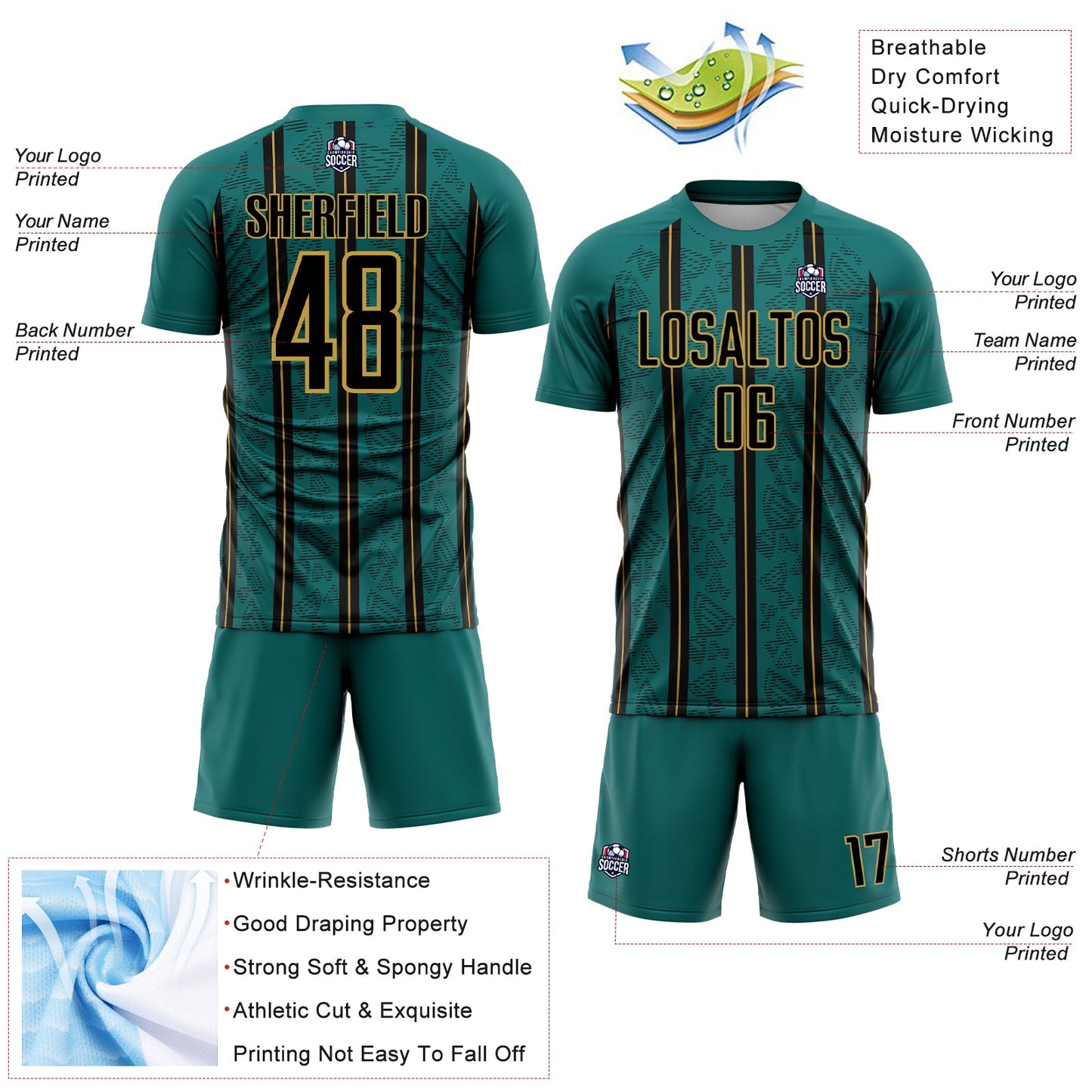 Custom Teal Black-Old Gold Stripe Line Sublimation Soccer Uniform Jersey view 4