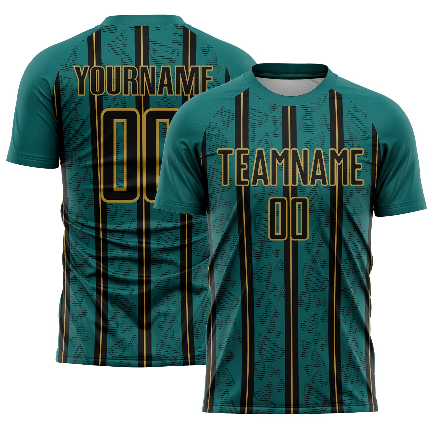 Custom Teal Black-Old Gold Stripe Line Sublimation Soccer Uniform Jersey - Main View
