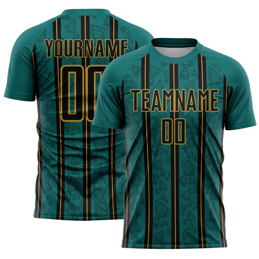 Custom Teal Black-Old Gold Stripe Line Sublimation Soccer Uniform Jersey - Main View