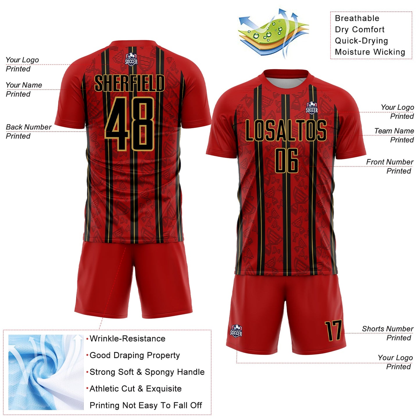Custom Red Black-Old Gold Stripe Line Sublimation Soccer Uniform Jersey view 4