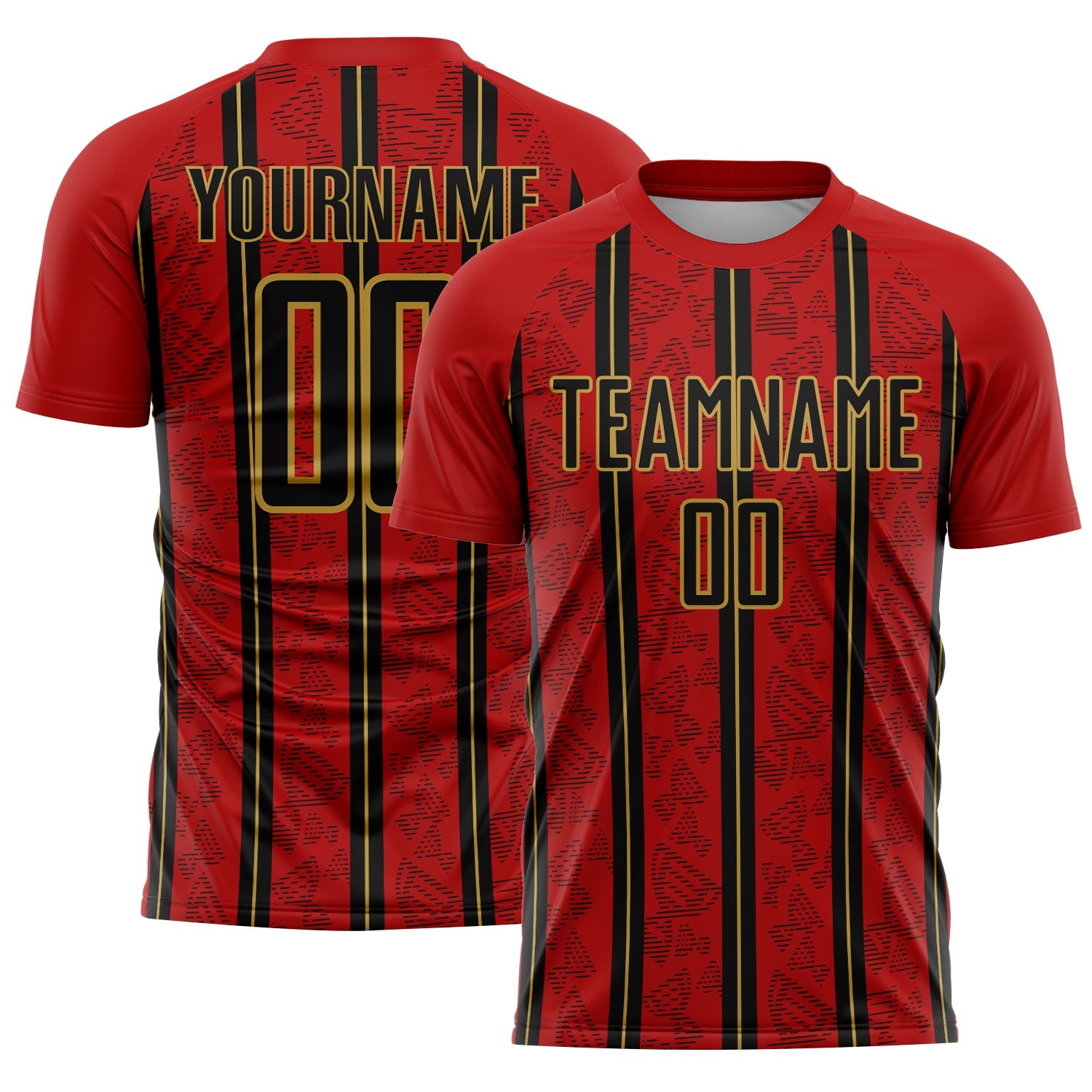 Custom Red Black-Old Gold Stripe Line Sublimation Soccer Uniform Jersey - Main View