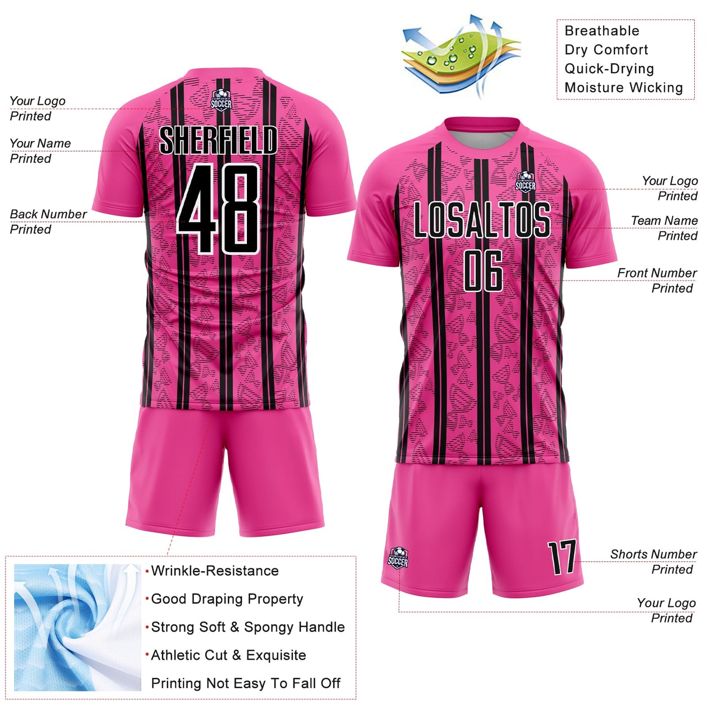 Custom Pink Black-White Stripe Line Sublimation Soccer Uniform Jersey view 4