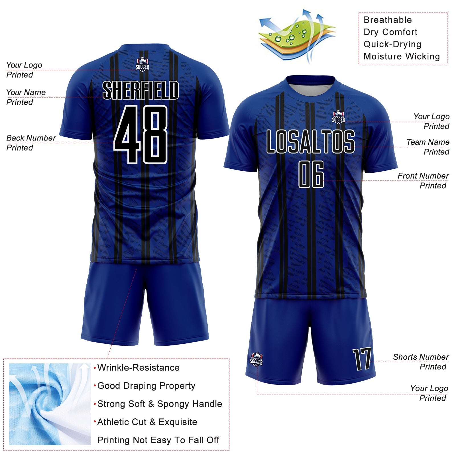 Custom Royal Black-White Stripe Line Sublimation Soccer Uniform Jersey view 4
