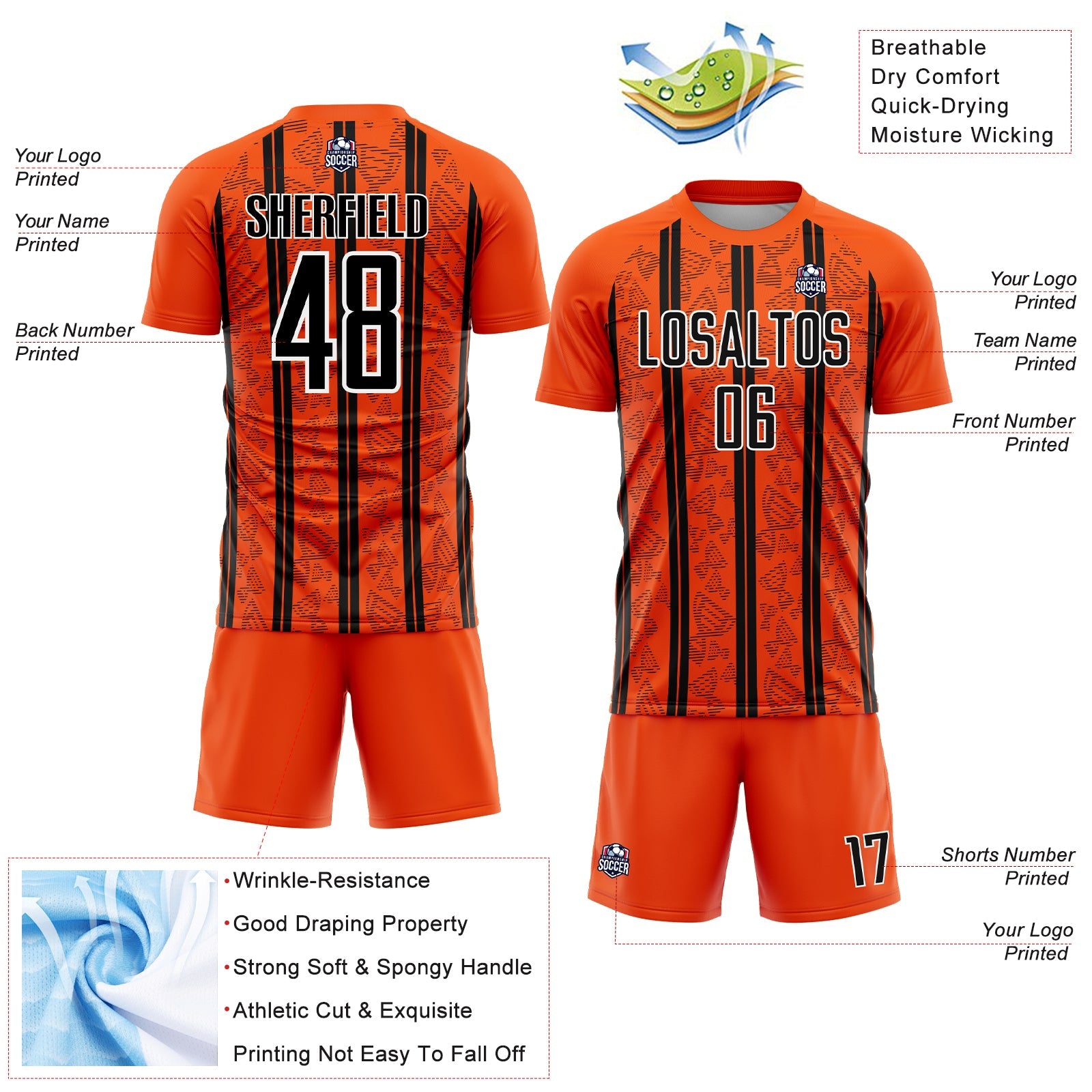 Custom Orange Black-White Stripe Line Sublimation Soccer Uniform Jersey view 4