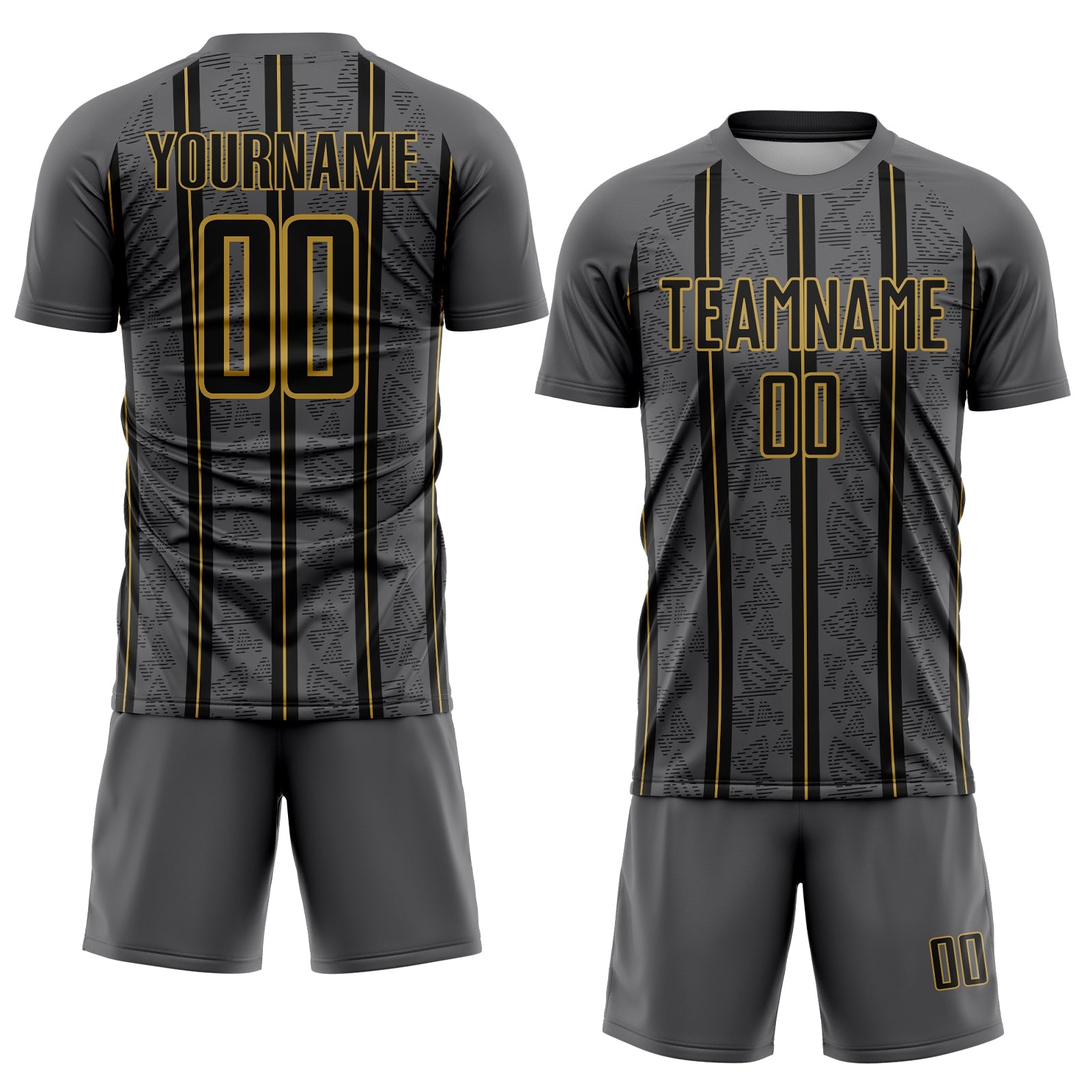 Custom Gray Black-Old Gold Stripe Line Sublimation Soccer Uniform Jersey view 2