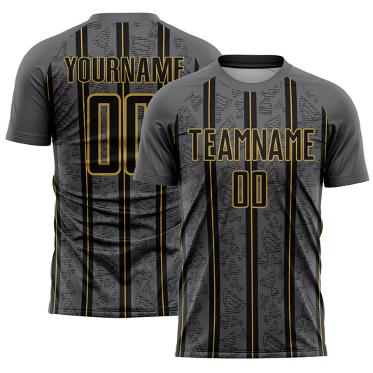 Custom Gray Black-Old Gold Stripe Line Sublimation Soccer Uniform Jersey - Main View