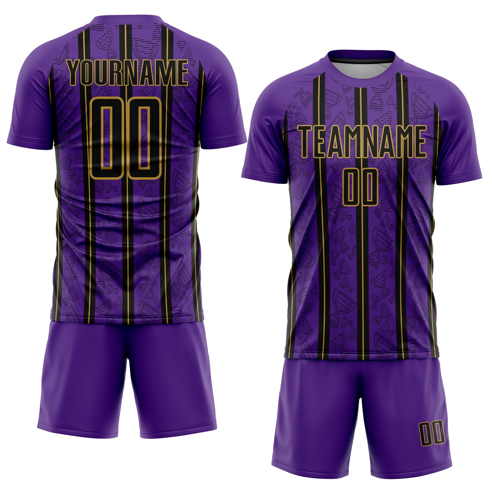 Custom Purple Black-Old Gold Stripe Line Sublimation Soccer Uniform Jersey view 2