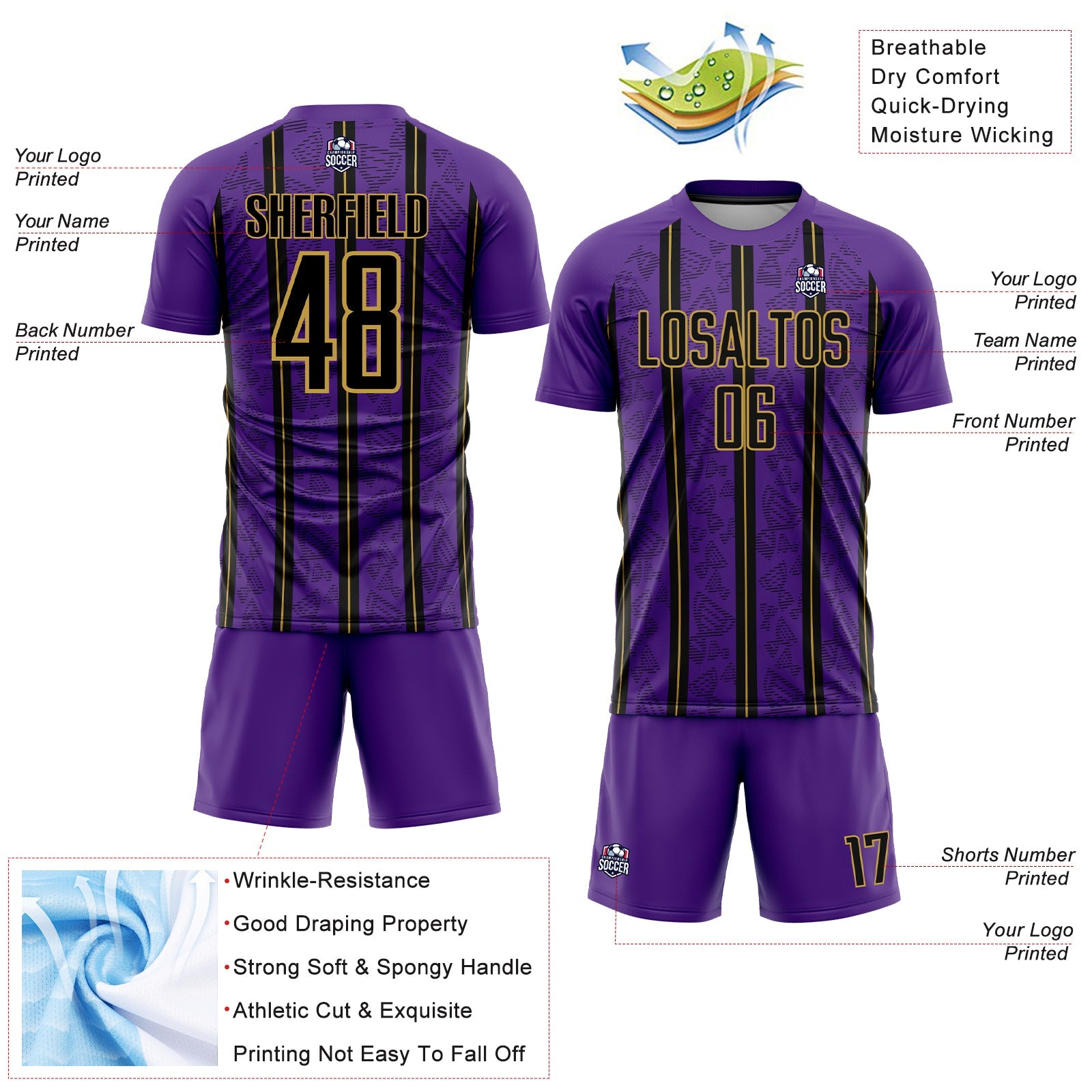 Custom Purple Black-Old Gold Stripe Line Sublimation Soccer Uniform Jersey view 4