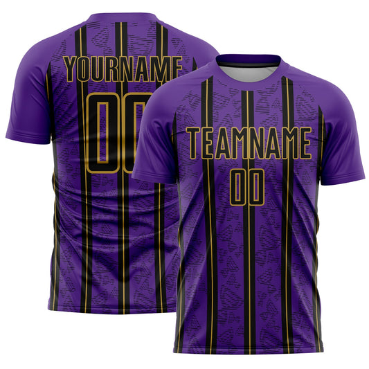 Custom Purple Black-Old Gold Stripe Line Sublimation Soccer Uniform Jersey - Main View