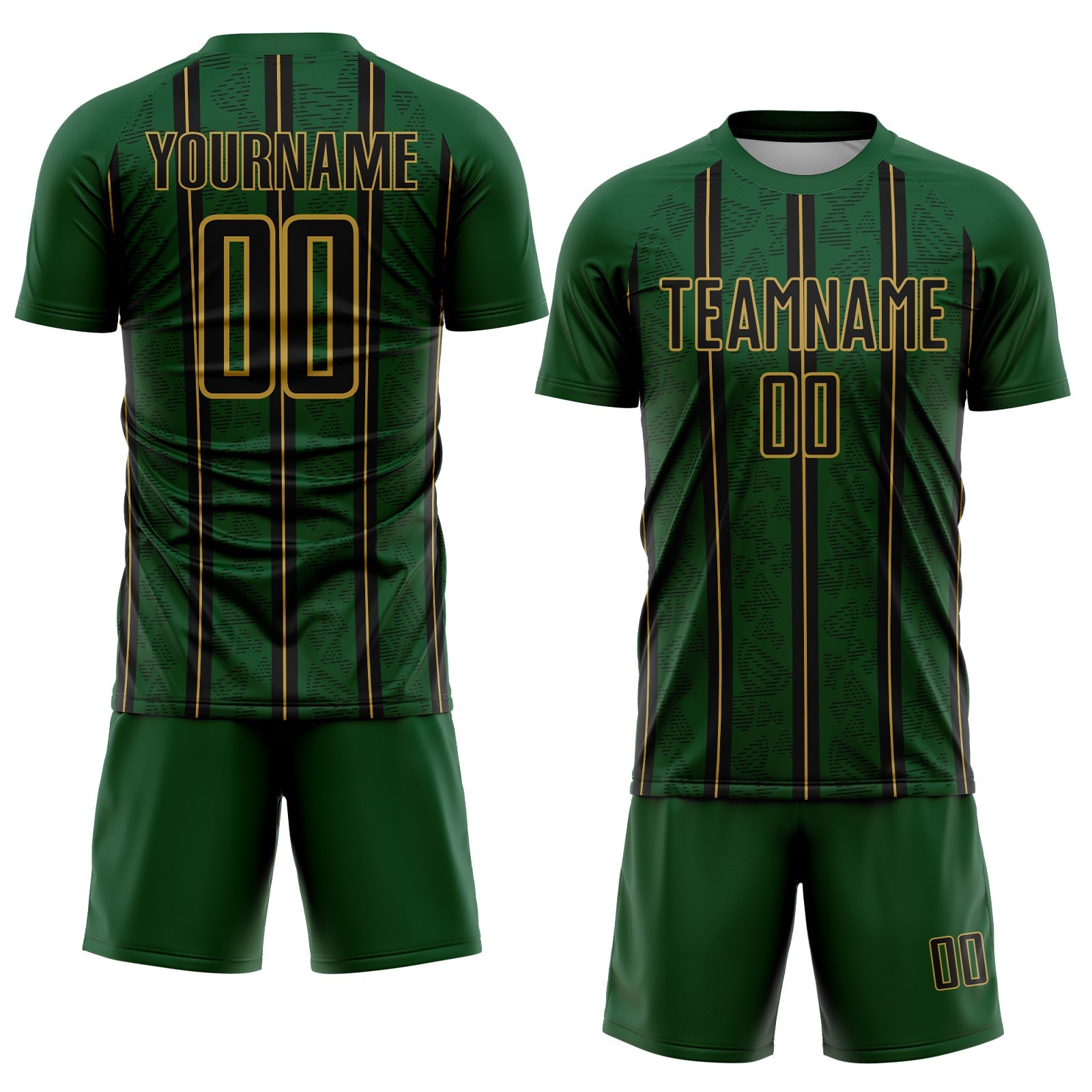 Custom Green Black-Old Gold Stripe Line Sublimation Soccer Uniform Jersey view 2