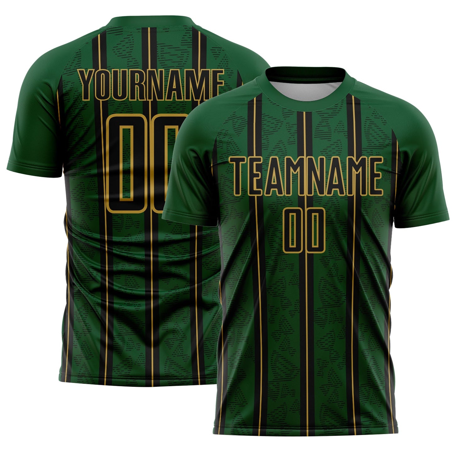 Custom Green Black-Old Gold Stripe Line Sublimation Soccer Uniform Jersey - Main View