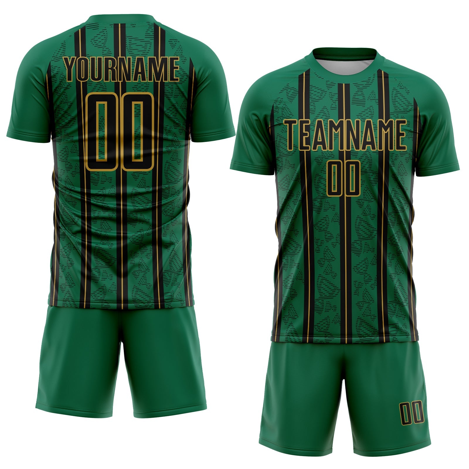 Custom Kelly Green Black-Old Gold Stripe Line Sublimation Soccer Uniform Jersey view 2