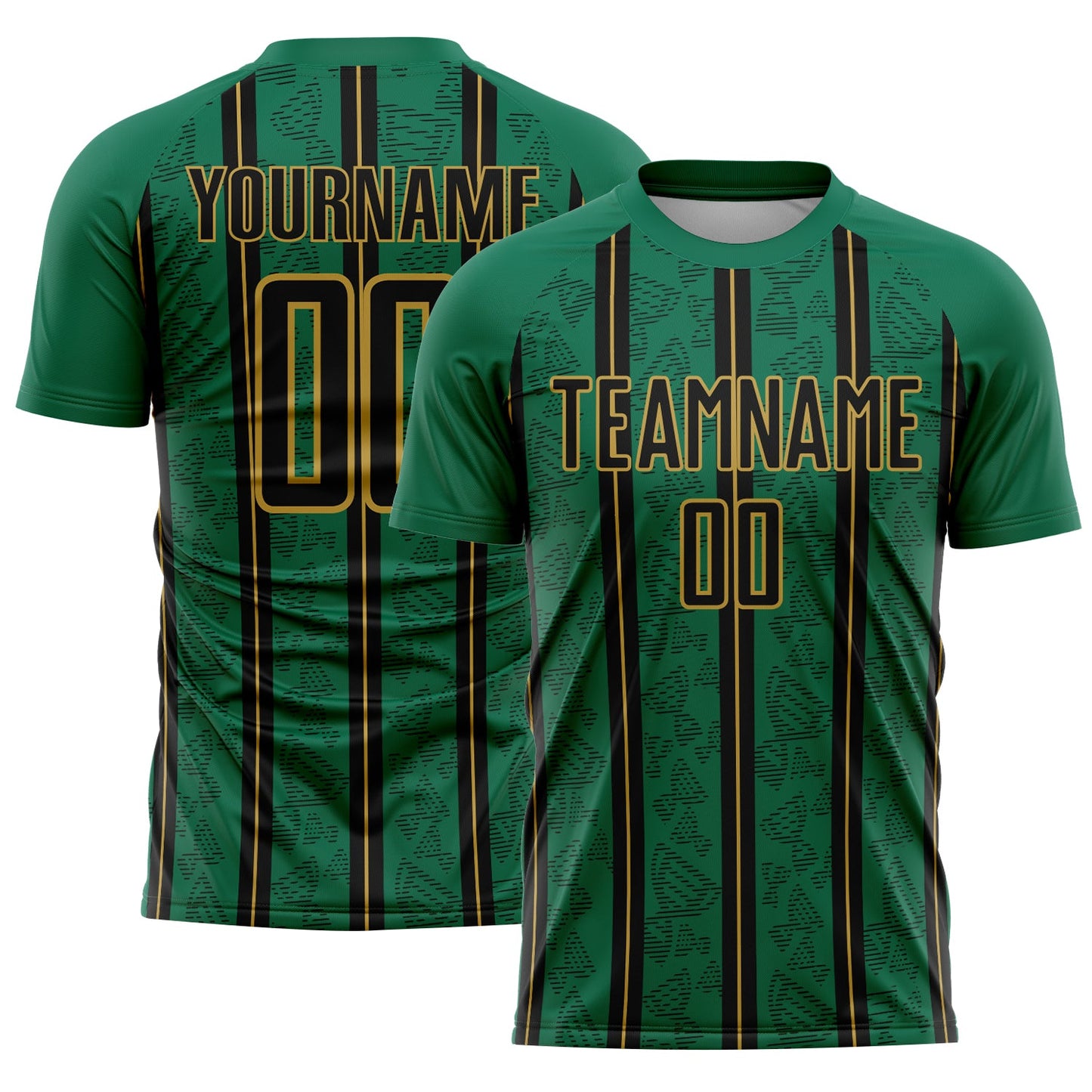 Custom Kelly Green Black-Old Gold Stripe Line Sublimation Soccer Uniform Jersey - Main View