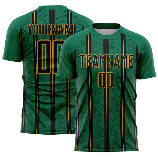 Custom Kelly Green Black-Old Gold Stripe Line Sublimation Soccer Uniform Jersey - Main View