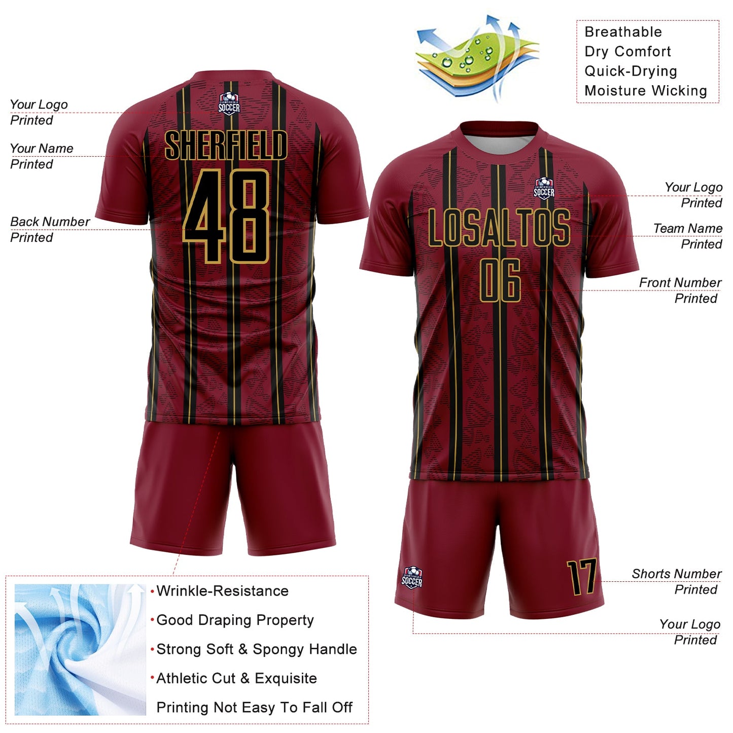 Custom Crimson Black-Old Gold Stripe Line Sublimation Soccer Uniform Jersey view 4