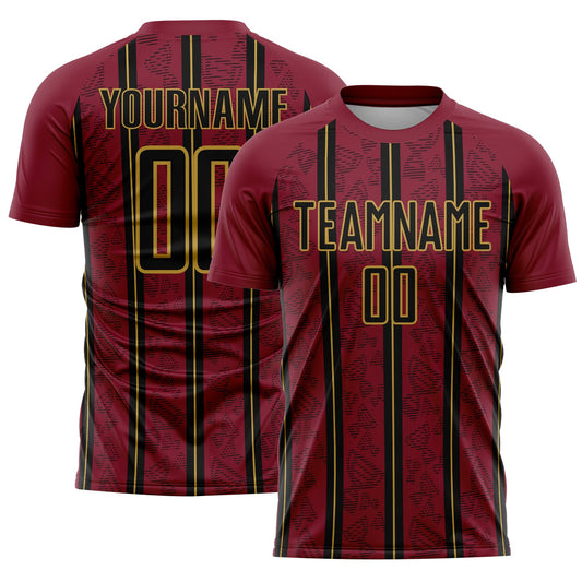 Custom Crimson Black-Old Gold Stripe Line Sublimation Soccer Uniform Jersey - Main View