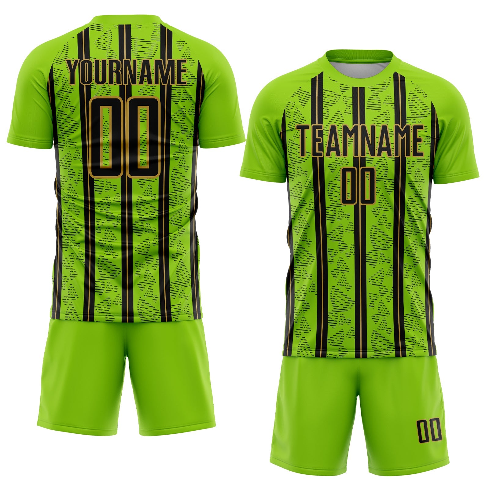Custom Neon Green Black-Old Gold Stripe Line Sublimation Soccer Uniform Jersey view 2