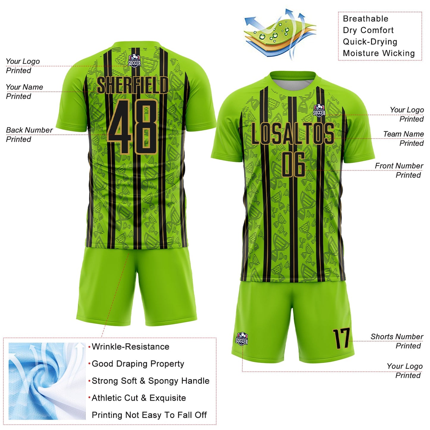 Custom Neon Green Black-Old Gold Stripe Line Sublimation Soccer Uniform Jersey view 4