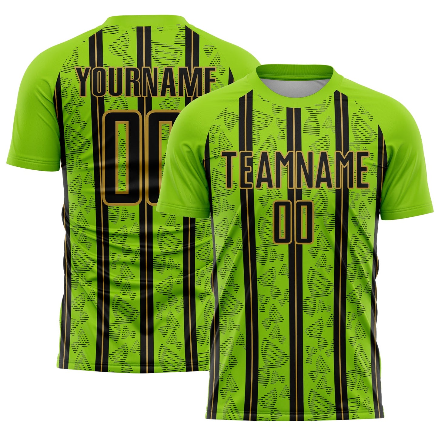 Custom Neon Green Black-Old Gold Stripe Line Sublimation Soccer Uniform Jersey - Main View