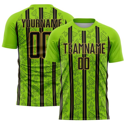 Custom Neon Green Black-Old Gold Stripe Line Sublimation Soccer Uniform Jersey - Main View