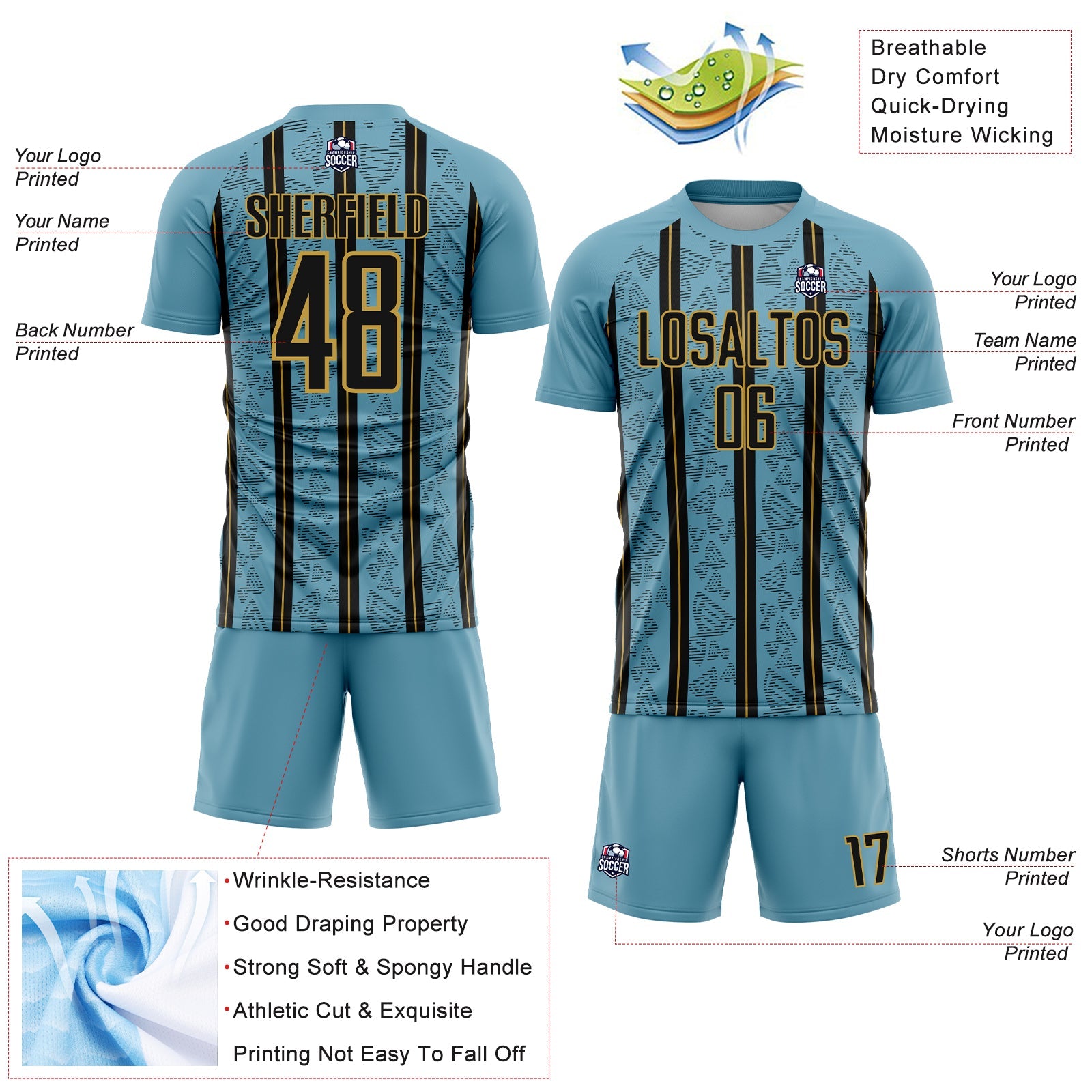 Custom Shadow Blue Black-Old Gold Stripe Line Sublimation Soccer Uniform Jersey view 4
