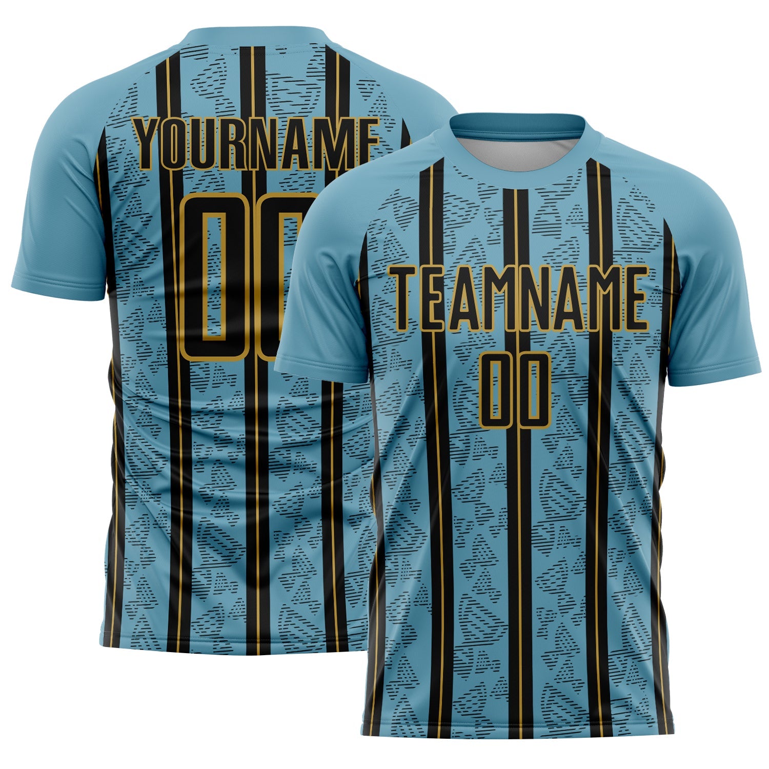 Custom Shadow Blue Black-Old Gold Stripe Line Sublimation Soccer Uniform Jersey - Main View
