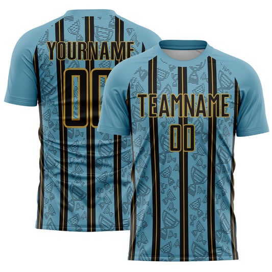 Custom Shadow Blue Black-Old Gold Stripe Line Sublimation Soccer Uniform Jersey - Main View
