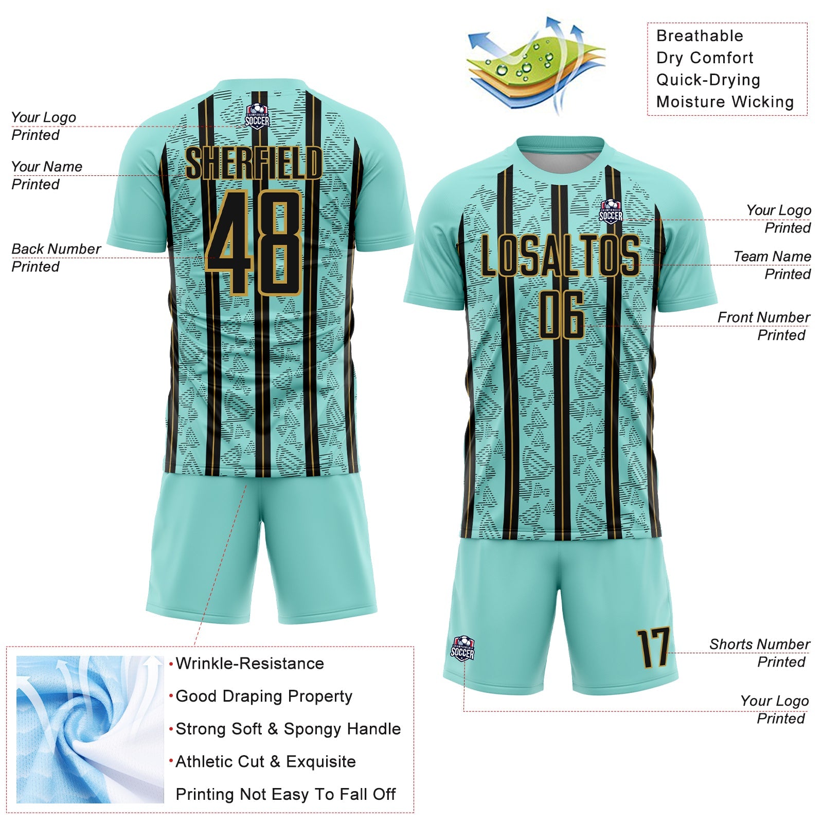 Custom Ice Blue Black-Old Gold Stripe Line Sublimation Soccer Uniform Jersey view 4