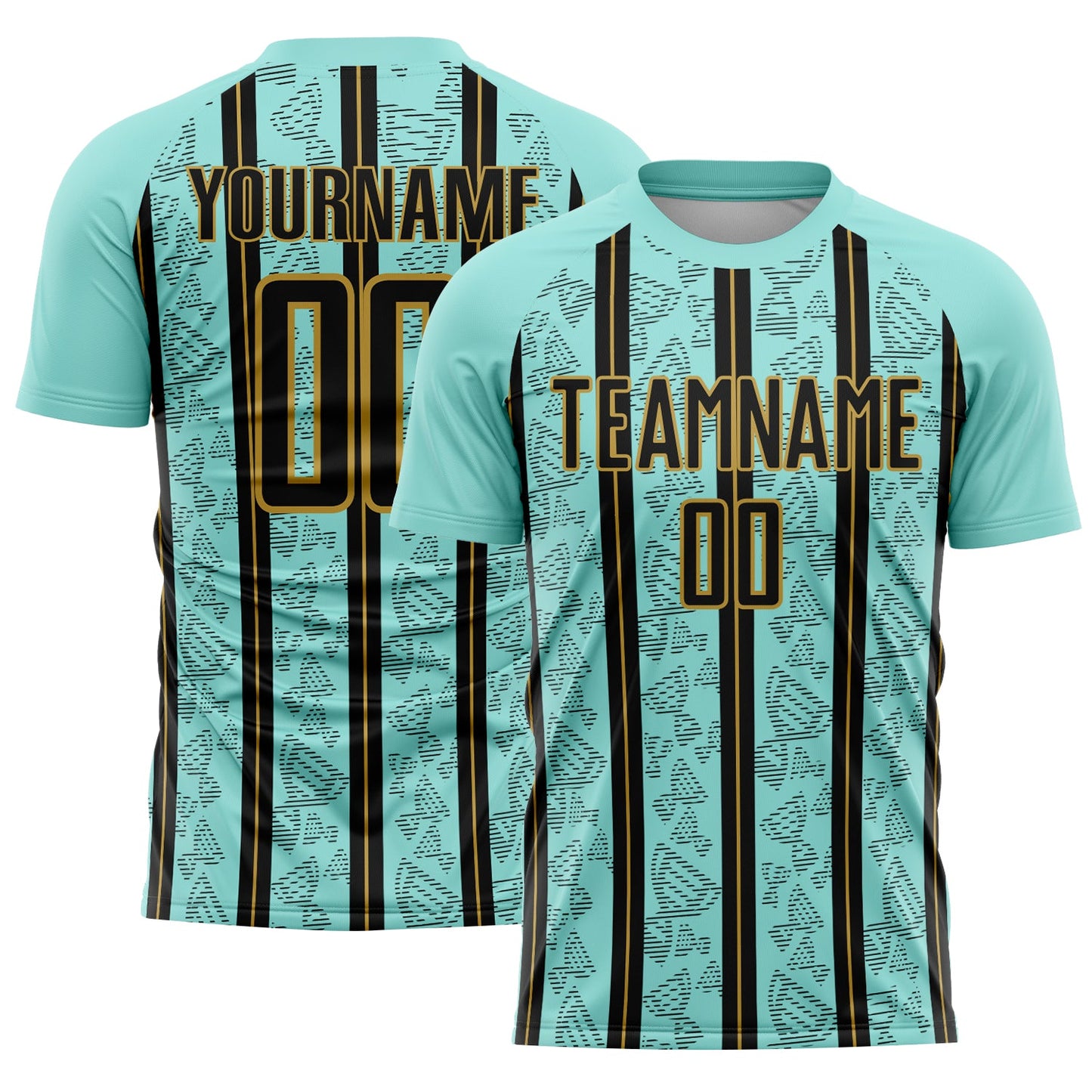 Custom Ice Blue Black-Old Gold Stripe Line Sublimation Soccer Uniform Jersey - Main View