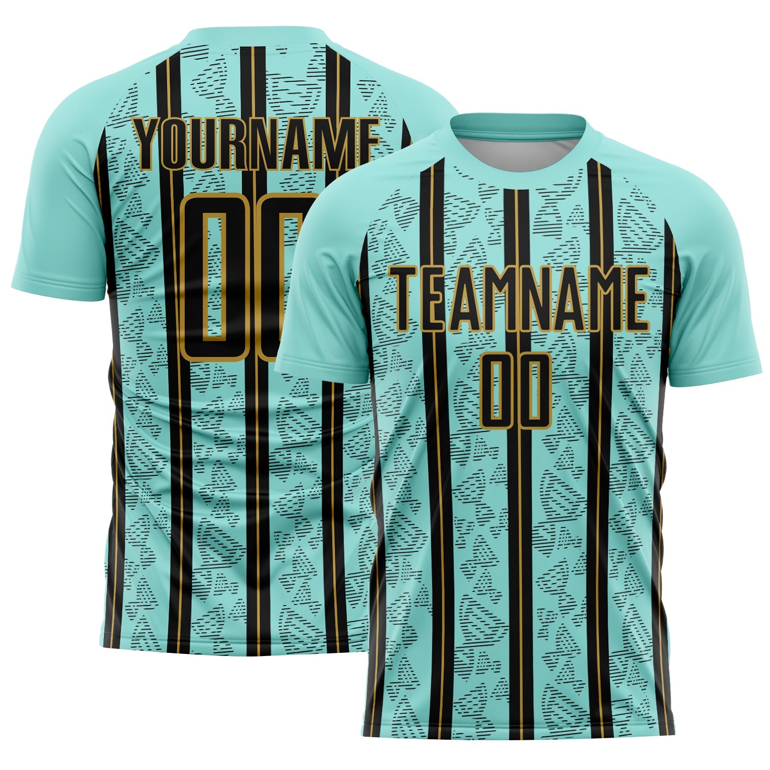 Custom Ice Blue Black-Old Gold Stripe Line Sublimation Soccer Uniform Jersey - Main View