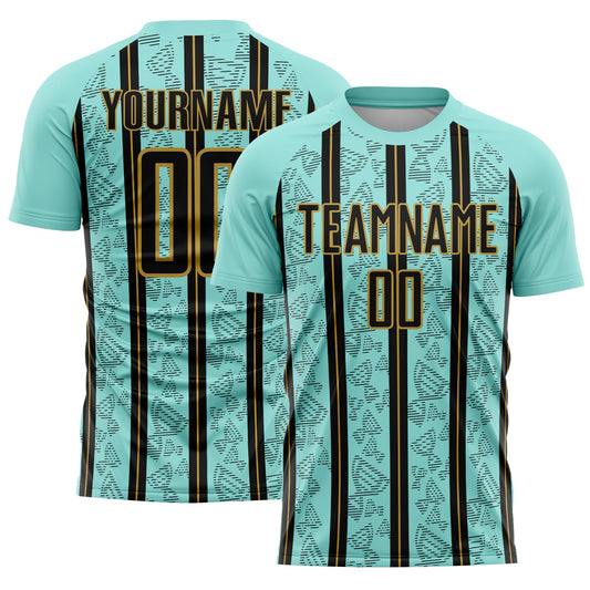 Custom Ice Blue Black-Old Gold Stripe Line Sublimation Soccer Uniform Jersey - Main View