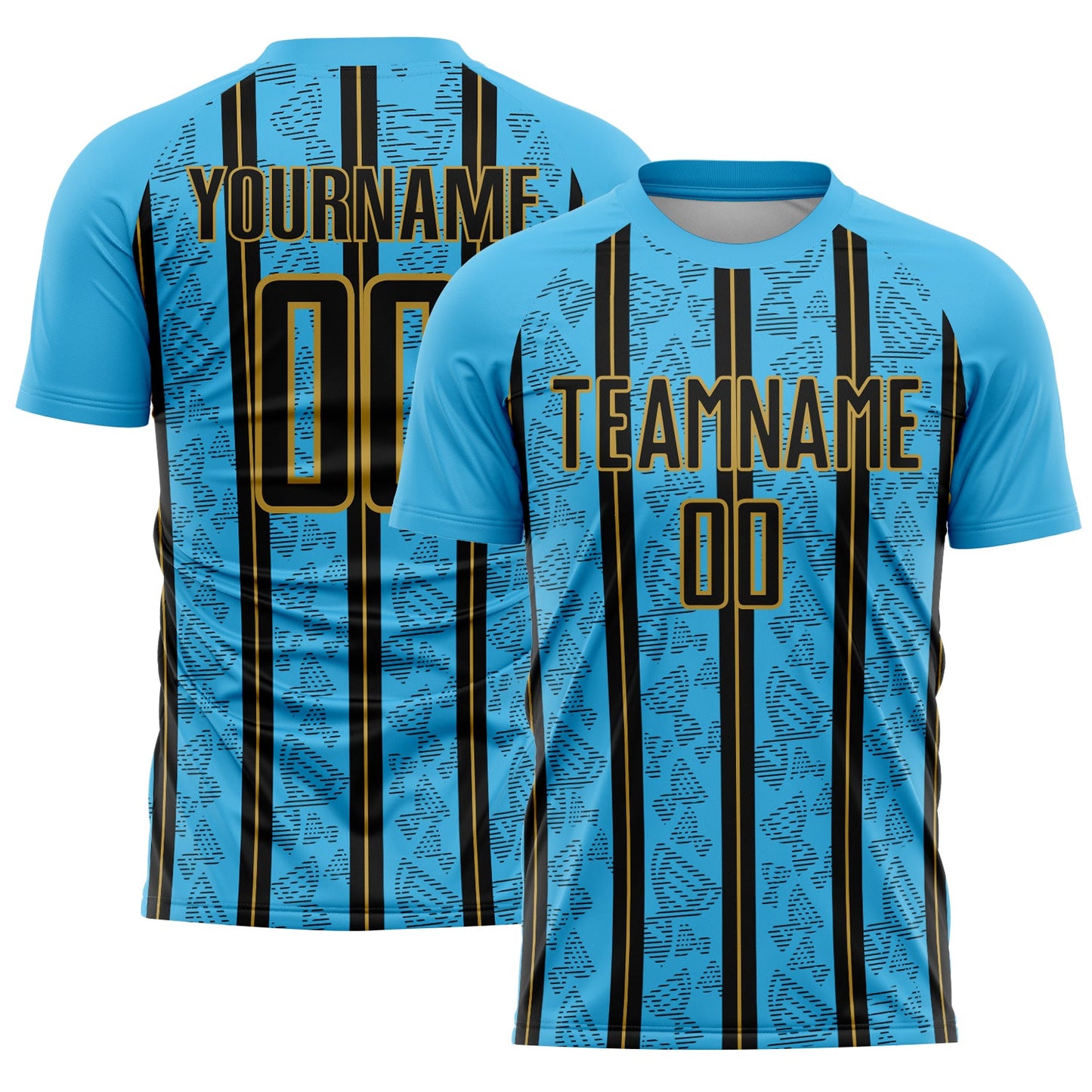 Custom Sky Blue Black-Old Gold Stripe Line Sublimation Soccer Uniform Jersey - Main View