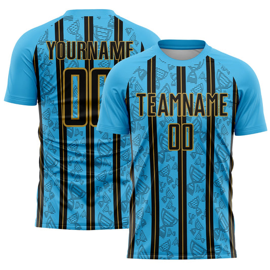 Custom Sky Blue Black-Old Gold Stripe Line Sublimation Soccer Uniform Jersey - Main View
