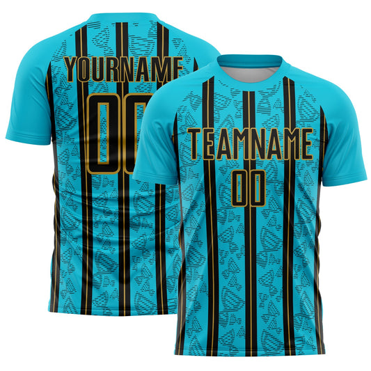 Custom Lakes Blue Black-Old Gold Stripe Line Sublimation Soccer Uniform Jersey - Main View