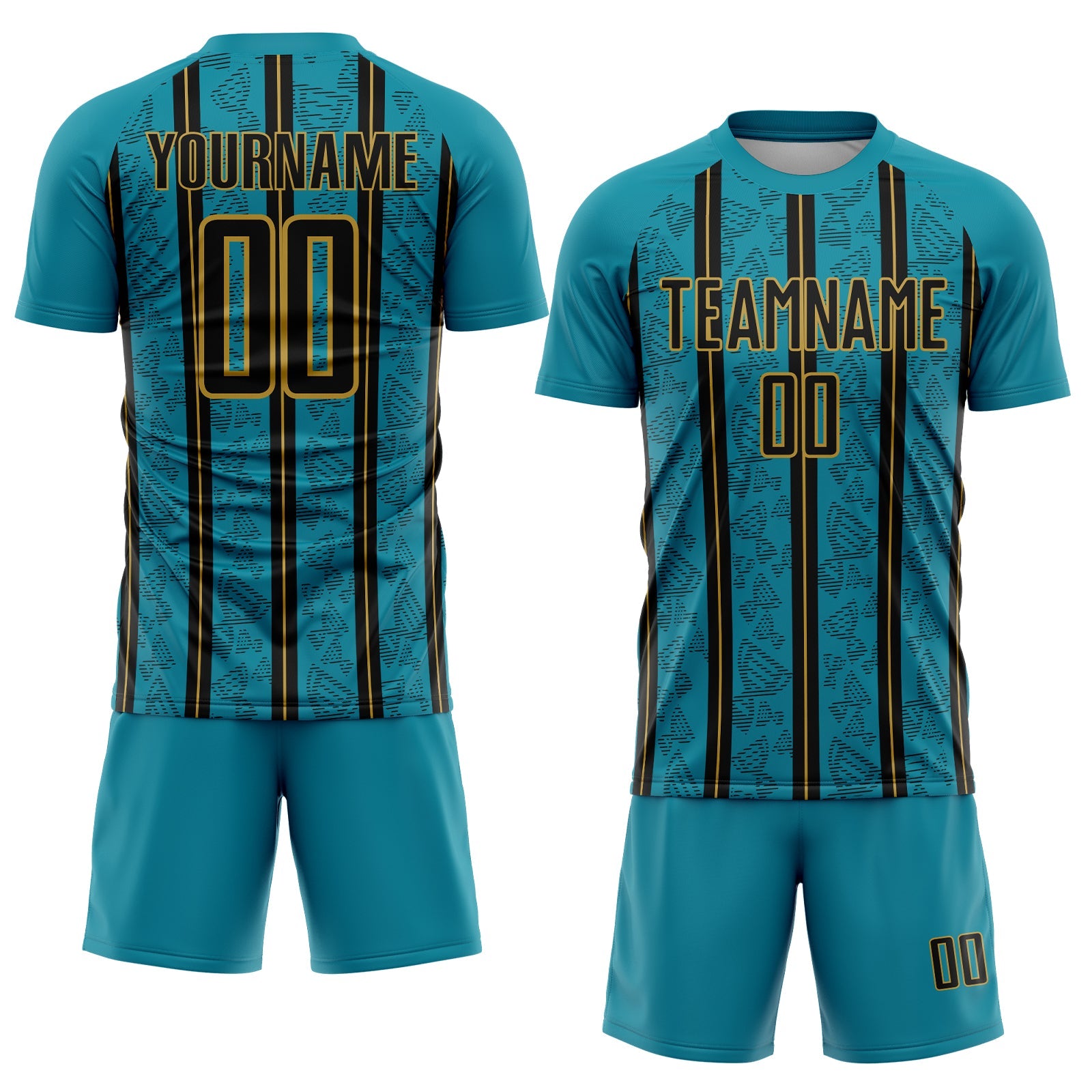 Custom Teal Black-Old Gold Stripe Line Sublimation Soccer Uniform Jersey view 2