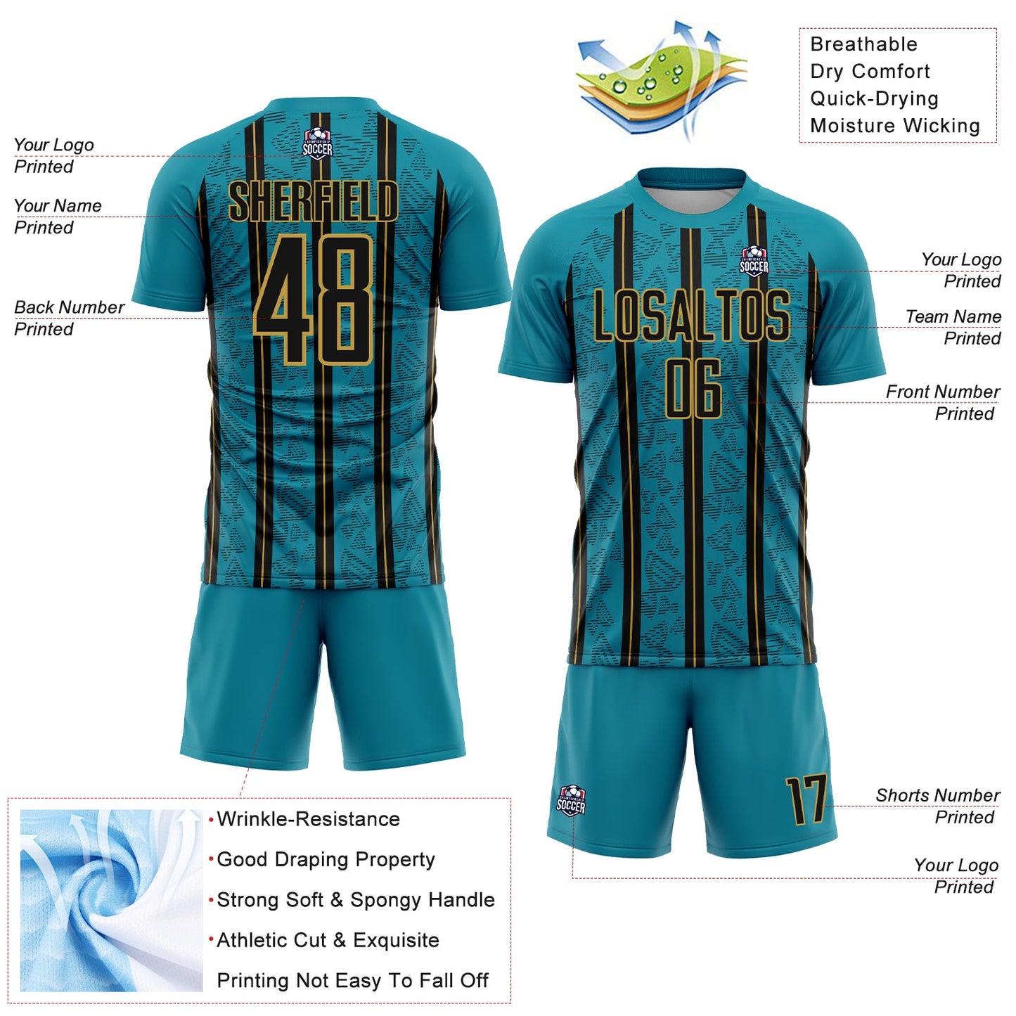 Custom Teal Black-Old Gold Stripe Line Sublimation Soccer Uniform Jersey view 4