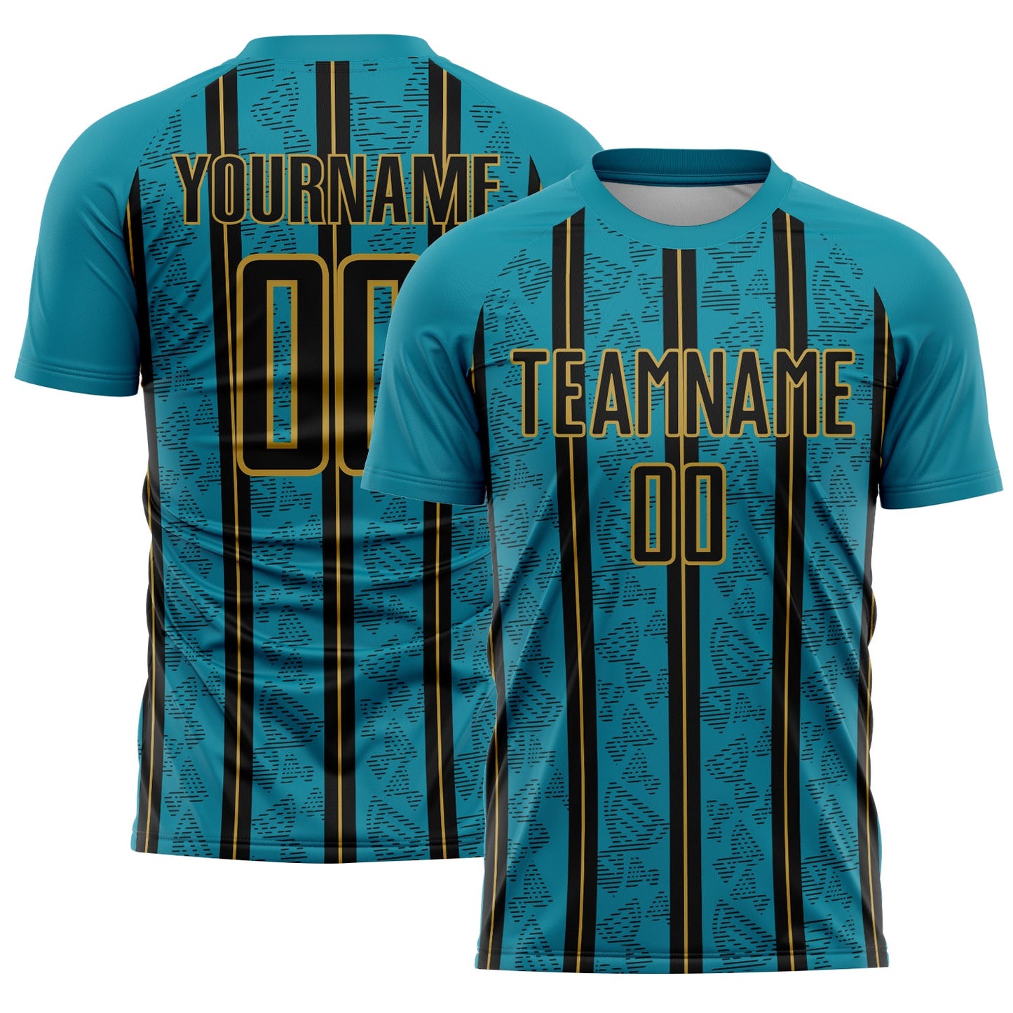 Custom Teal Black-Old Gold Stripe Line Sublimation Soccer Uniform Jersey - Main View