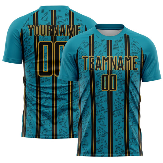 Custom Teal Black-Old Gold Stripe Line Sublimation Soccer Uniform Jersey - Main View