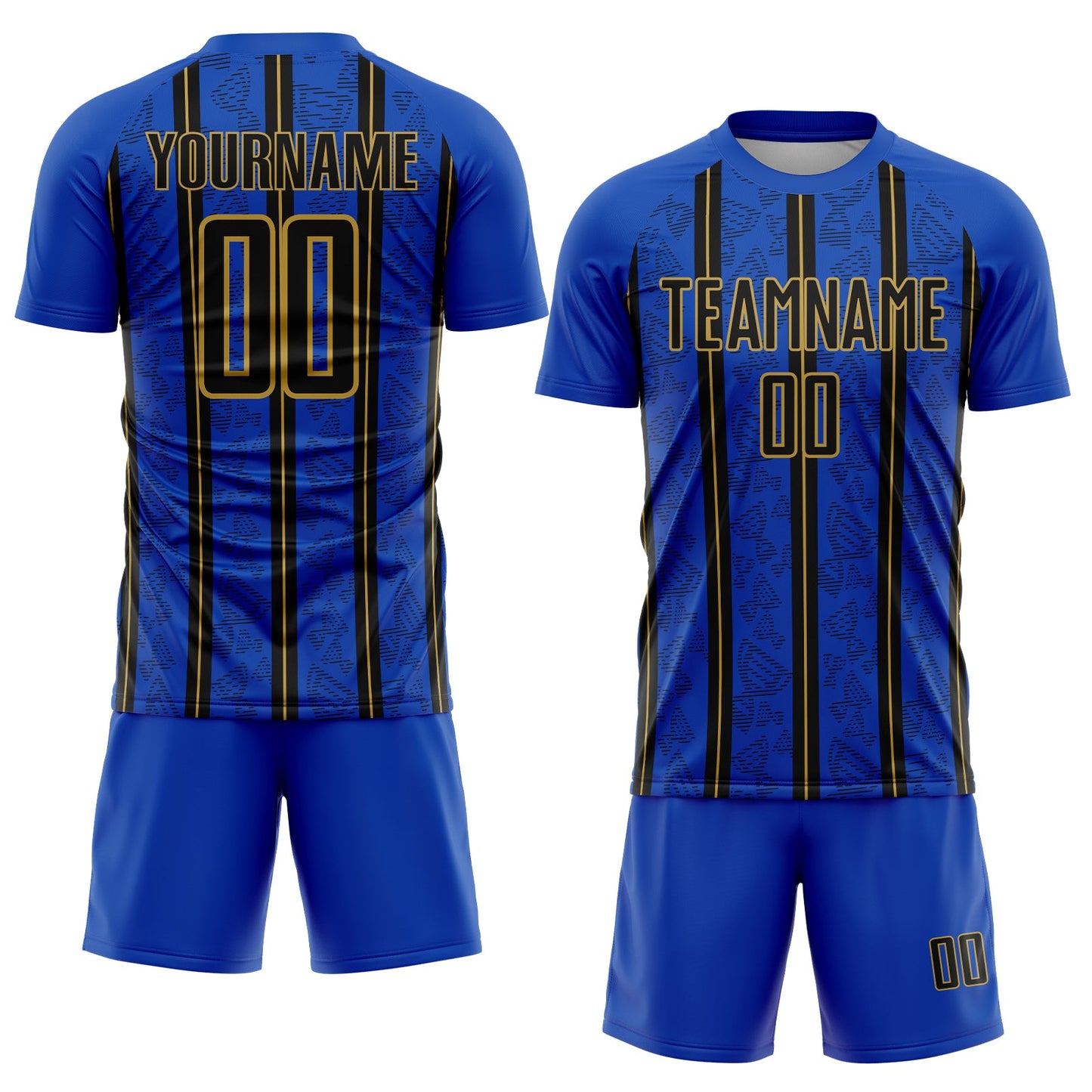Custom Thunder Blue Black-Old Gold Stripe Line Sublimation Soccer Uniform Jersey view 2