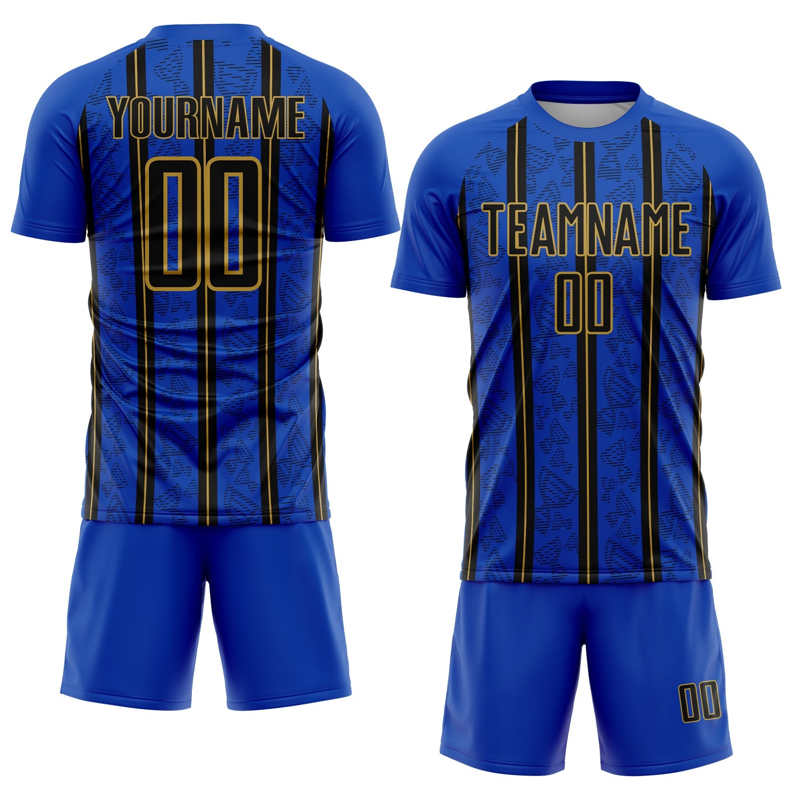 Custom Thunder Blue Black-Old Gold Stripe Line Sublimation Soccer Uniform Jersey view 2