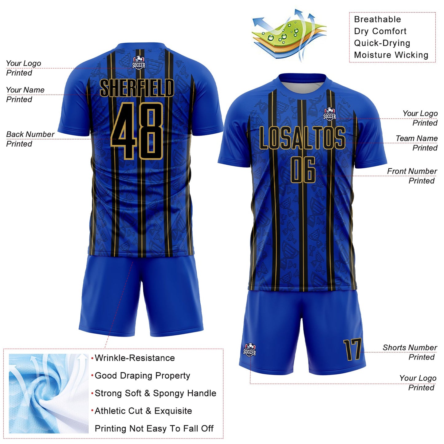 Custom Thunder Blue Black-Old Gold Stripe Line Sublimation Soccer Uniform Jersey view 4