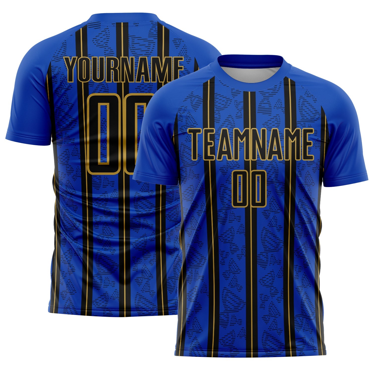 Custom Thunder Blue Black-Old Gold Stripe Line Sublimation Soccer Uniform Jersey - Main View