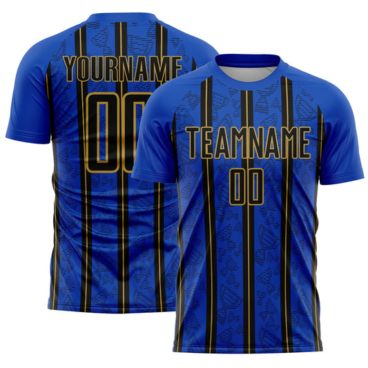 Custom Thunder Blue Black-Old Gold Stripe Line Sublimation Soccer Uniform Jersey - Main View