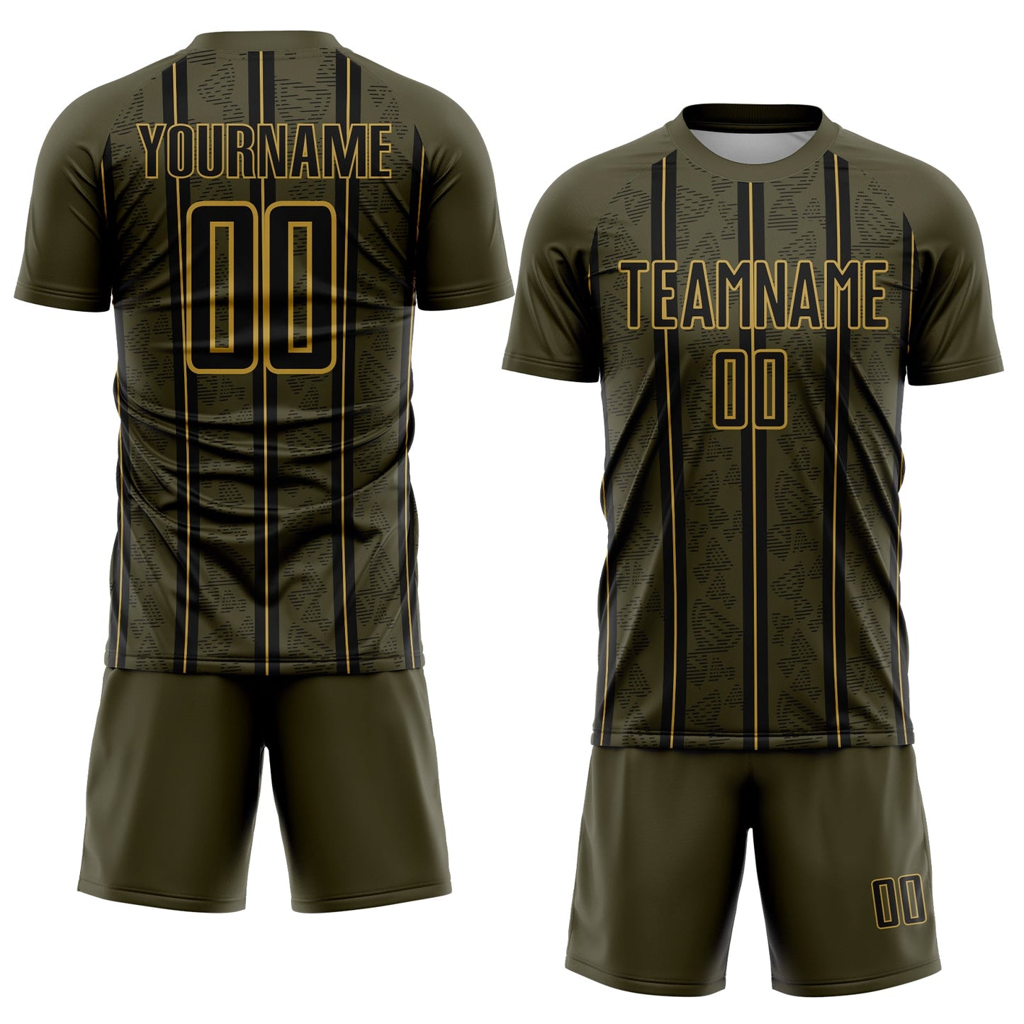 Custom Olive Black-Old Gold Stripe Line Sublimation Salute To Service Soccer Uniform Jersey view 2